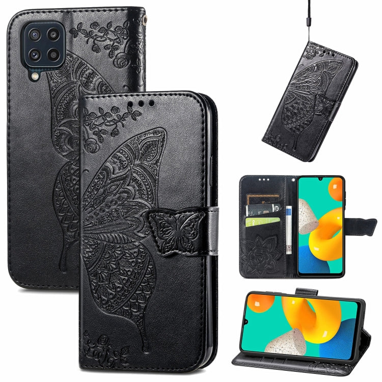 For Samsung Galaxy M32 Butterfly Love Flowers Embossed Horizontal Flip Leather Case with Holder & Card Slots & Wallet & Lanyard