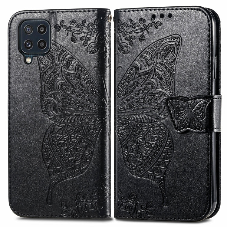 For Samsung Galaxy M32 Butterfly Love Flowers Embossed Horizontal Flip Leather Case with Holder & Card Slots & Wallet & Lanyard