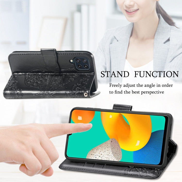 For Samsung Galaxy M32 Butterfly Love Flowers Embossed Horizontal Flip Leather Case with Holder & Card Slots & Wallet & Lanyard