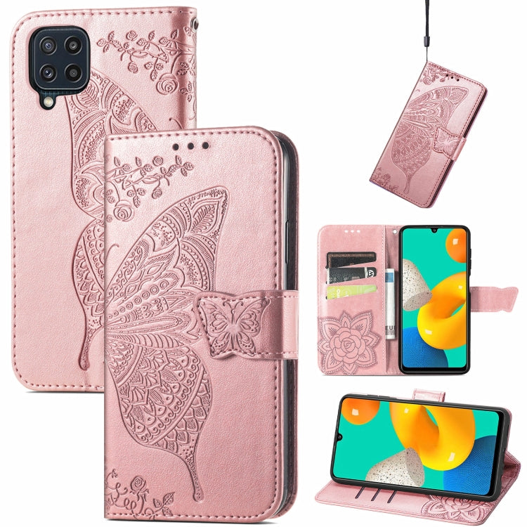 For Samsung Galaxy M32 Butterfly Love Flowers Embossed Horizontal Flip Leather Case with Holder & Card Slots & Wallet & Lanyard