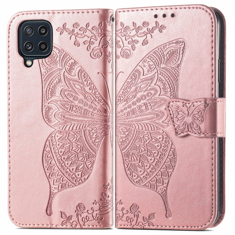 For Samsung Galaxy M32 Butterfly Love Flowers Embossed Horizontal Flip Leather Case with Holder & Card Slots & Wallet & Lanyard