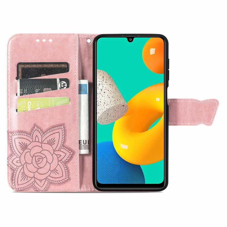For Samsung Galaxy M32 Butterfly Love Flowers Embossed Horizontal Flip Leather Case with Holder & Card Slots & Wallet & Lanyard