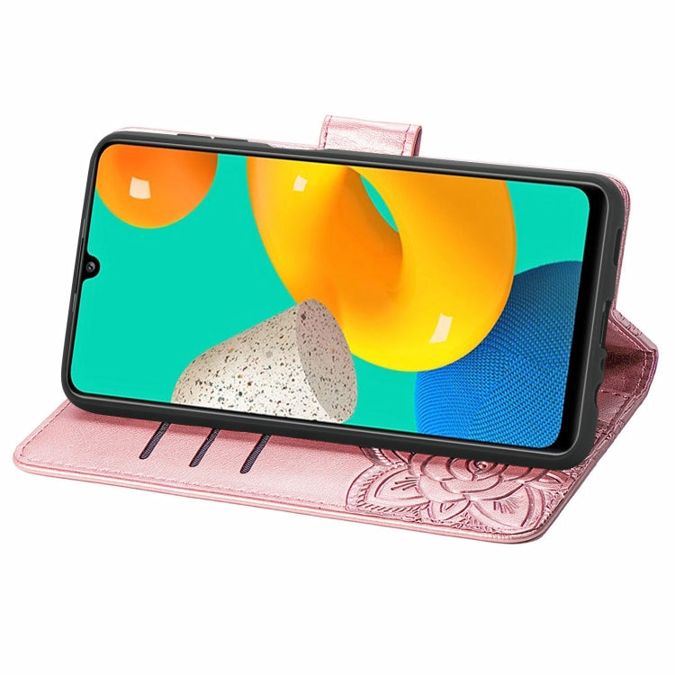 For Samsung Galaxy M32 Butterfly Love Flowers Embossed Horizontal Flip Leather Case with Holder & Card Slots & Wallet & Lanyard