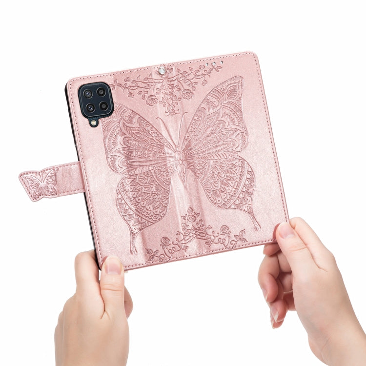 For Samsung Galaxy M32 Butterfly Love Flowers Embossed Horizontal Flip Leather Case with Holder & Card Slots & Wallet & Lanyard