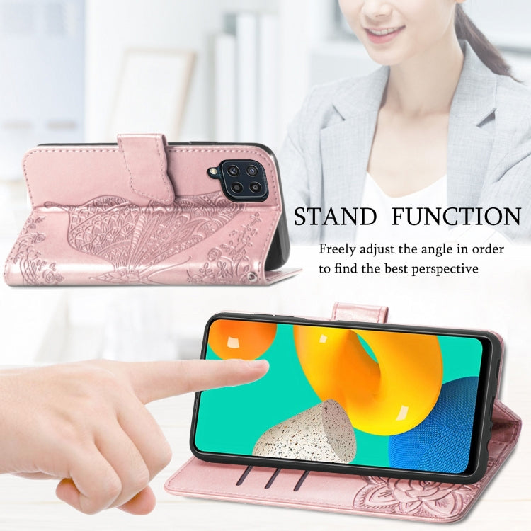 For Samsung Galaxy M32 Butterfly Love Flowers Embossed Horizontal Flip Leather Case with Holder & Card Slots & Wallet & Lanyard