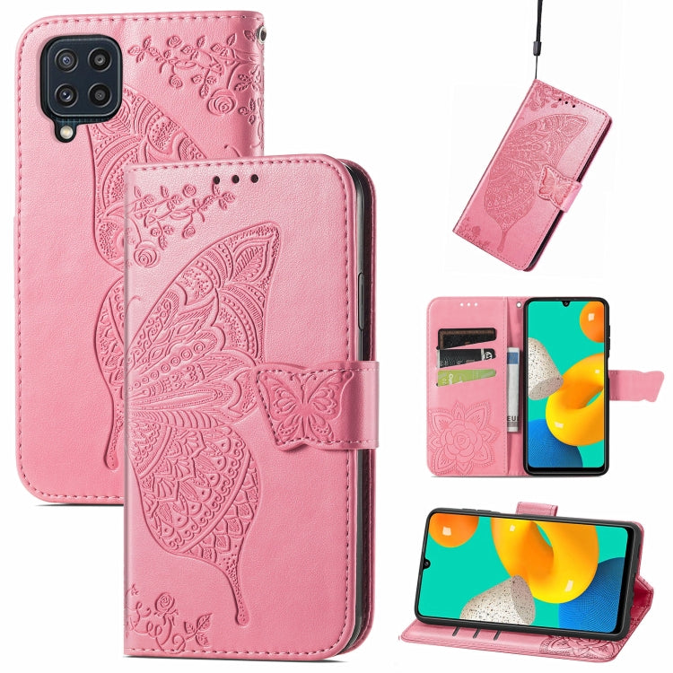 For Samsung Galaxy M32 Butterfly Love Flowers Embossed Horizontal Flip Leather Case with Holder & Card Slots & Wallet & Lanyard