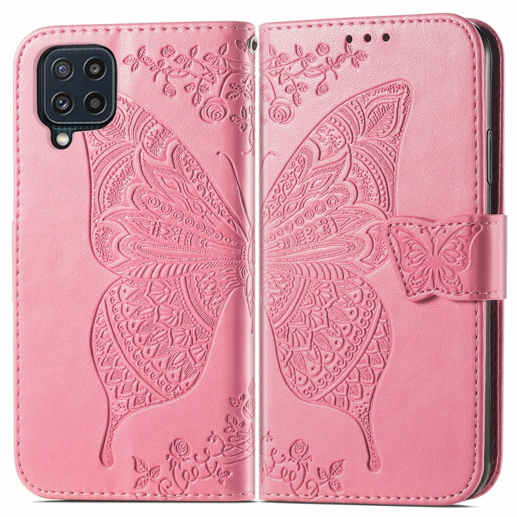 For Samsung Galaxy M32 Butterfly Love Flowers Embossed Horizontal Flip Leather Case with Holder & Card Slots & Wallet & Lanyard