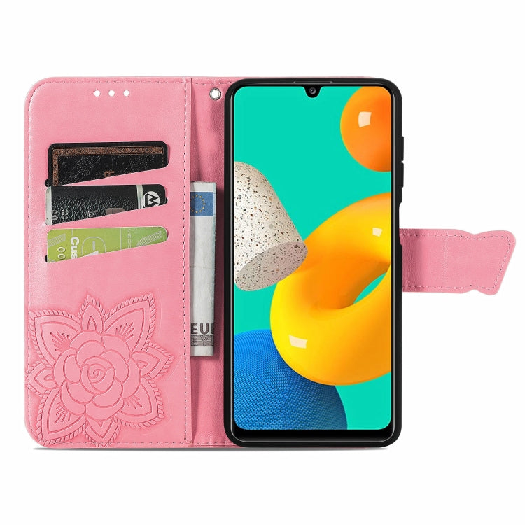 For Samsung Galaxy M32 Butterfly Love Flowers Embossed Horizontal Flip Leather Case with Holder & Card Slots & Wallet & Lanyard