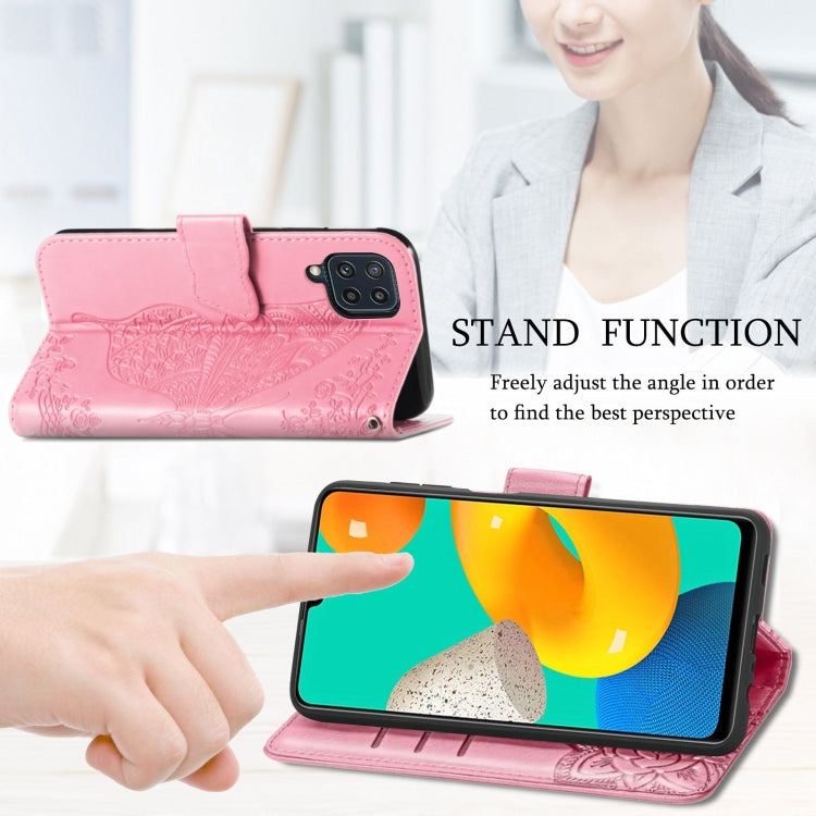 For Samsung Galaxy M32 Butterfly Love Flowers Embossed Horizontal Flip Leather Case with Holder & Card Slots & Wallet & Lanyard
