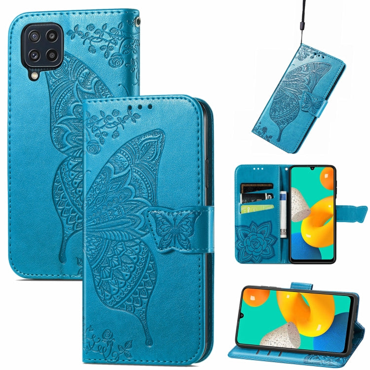 For Samsung Galaxy M32 Butterfly Love Flowers Embossed Horizontal Flip Leather Case with Holder & Card Slots & Wallet & Lanyard