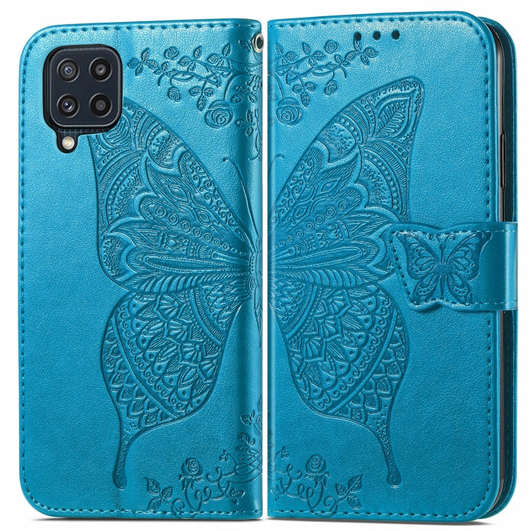 For Samsung Galaxy M32 Butterfly Love Flowers Embossed Horizontal Flip Leather Case with Holder & Card Slots & Wallet & Lanyard