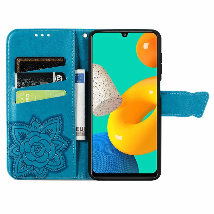 For Samsung Galaxy M32 Butterfly Love Flowers Embossed Horizontal Flip Leather Case with Holder & Card Slots & Wallet & Lanyard