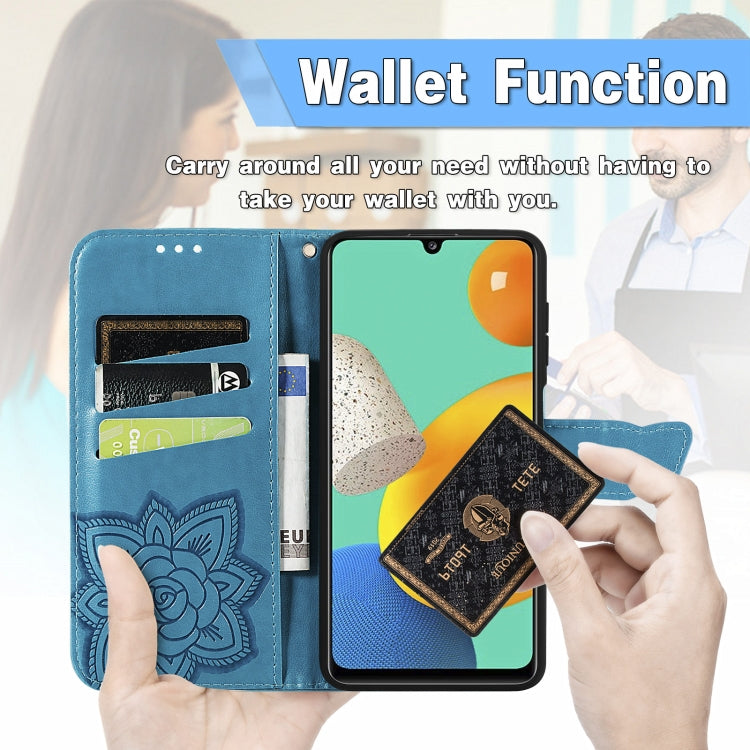 For Samsung Galaxy M32 Butterfly Love Flowers Embossed Horizontal Flip Leather Case with Holder & Card Slots & Wallet & Lanyard