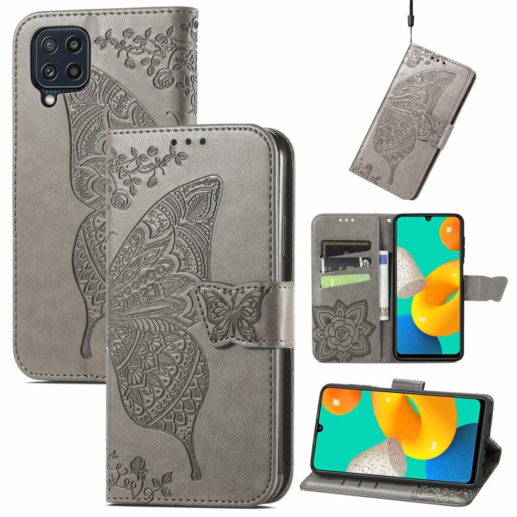 For Samsung Galaxy M32 Butterfly Love Flowers Embossed Horizontal Flip Leather Case with Holder & Card Slots & Wallet & Lanyard