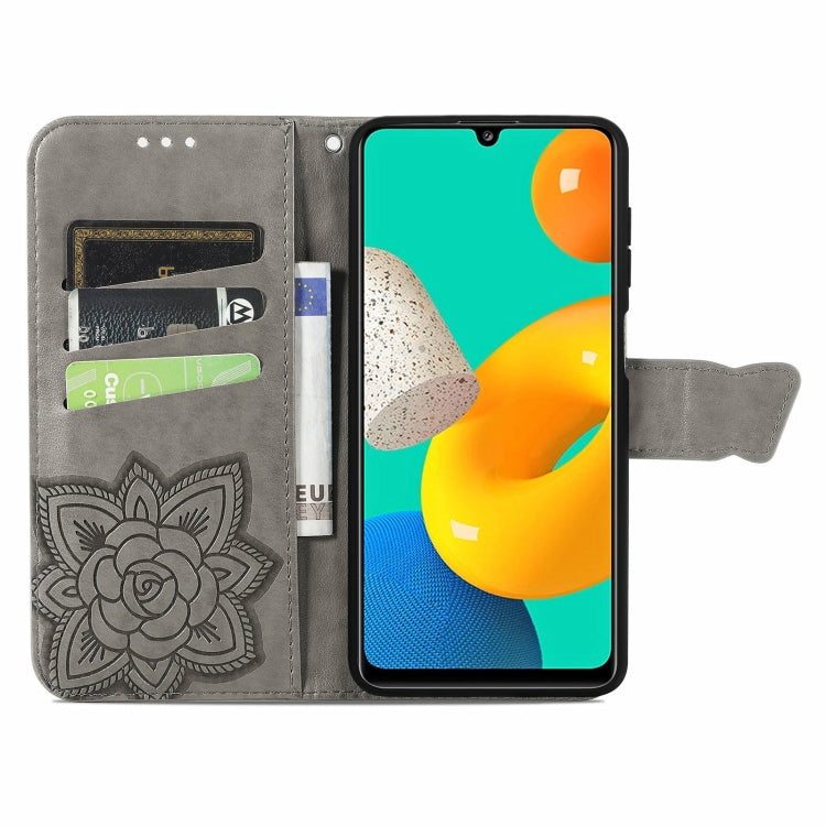 For Samsung Galaxy M32 Butterfly Love Flowers Embossed Horizontal Flip Leather Case with Holder & Card Slots & Wallet & Lanyard