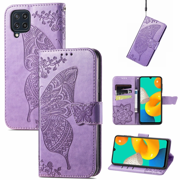 For Samsung Galaxy M32 Butterfly Love Flowers Embossed Horizontal Flip Leather Case with Holder & Card Slots & Wallet & Lanyard