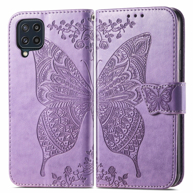 For Samsung Galaxy M32 Butterfly Love Flowers Embossed Horizontal Flip Leather Case with Holder & Card Slots & Wallet & Lanyard