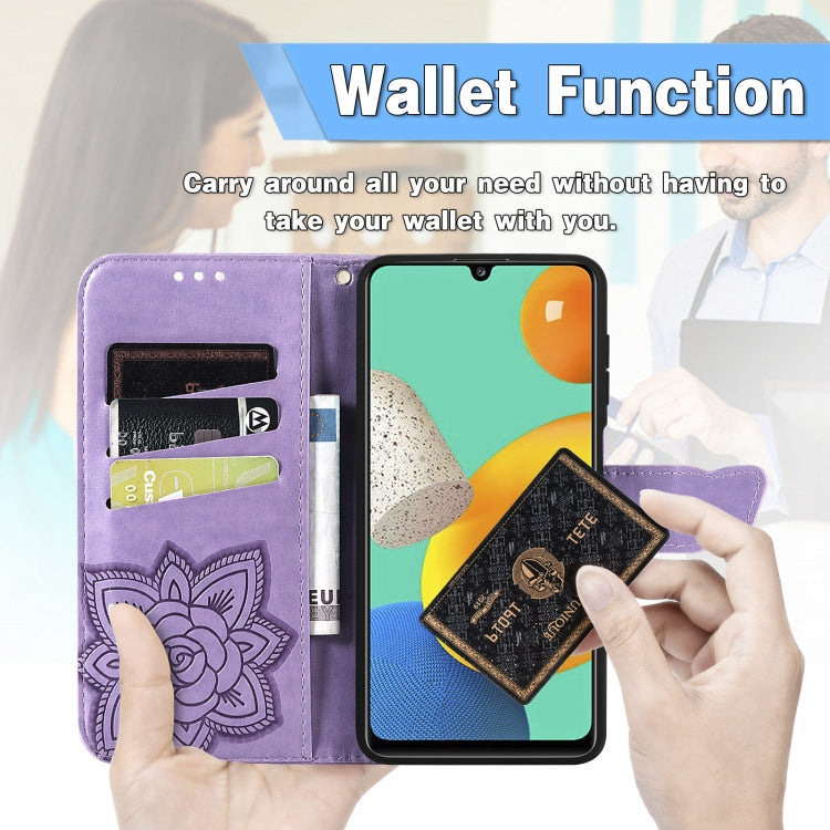 For Samsung Galaxy M32 Butterfly Love Flowers Embossed Horizontal Flip Leather Case with Holder & Card Slots & Wallet & Lanyard