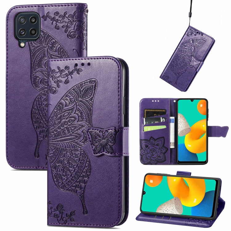 For Samsung Galaxy M32 Butterfly Love Flowers Embossed Horizontal Flip Leather Case with Holder & Card Slots & Wallet & Lanyard