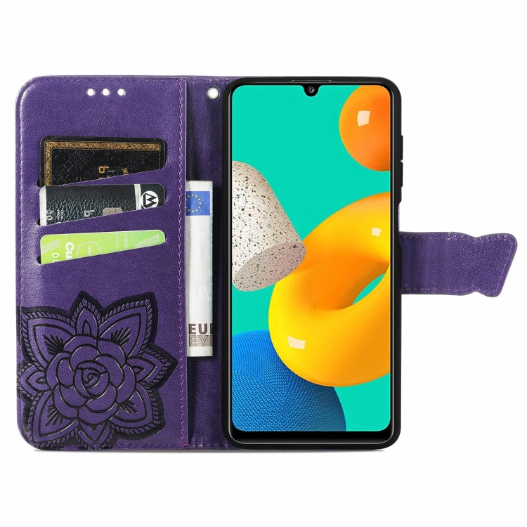 For Samsung Galaxy M32 Butterfly Love Flowers Embossed Horizontal Flip Leather Case with Holder & Card Slots & Wallet & Lanyard