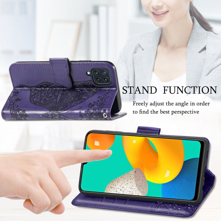 For Samsung Galaxy M32 Butterfly Love Flowers Embossed Horizontal Flip Leather Case with Holder & Card Slots & Wallet & Lanyard