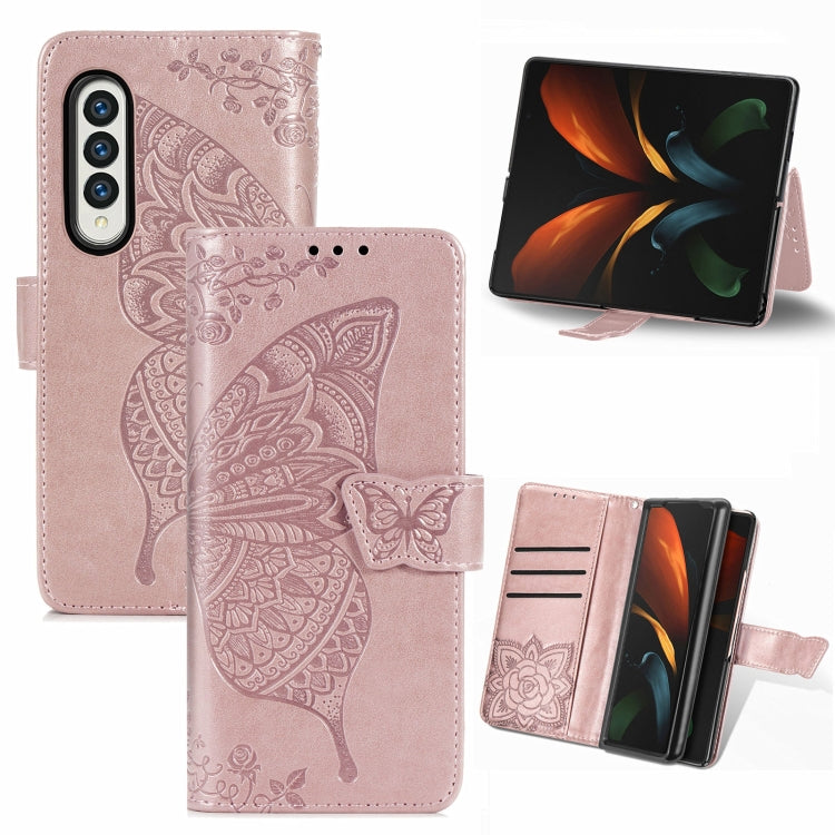For Samsung Galaxy Z Fold3 Butterfly Love Flowers Embossed Horizontal Flip Leather Case with Holder & Card Slots & Wallet & Lanyard