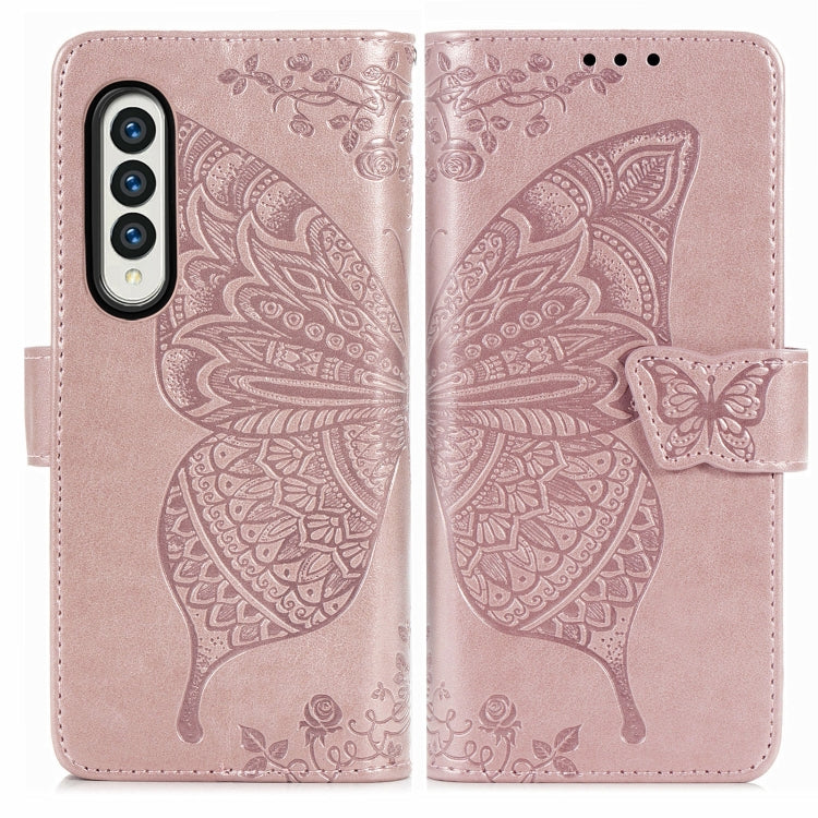 For Samsung Galaxy Z Fold3 Butterfly Love Flowers Embossed Horizontal Flip Leather Case with Holder & Card Slots & Wallet & Lanyard