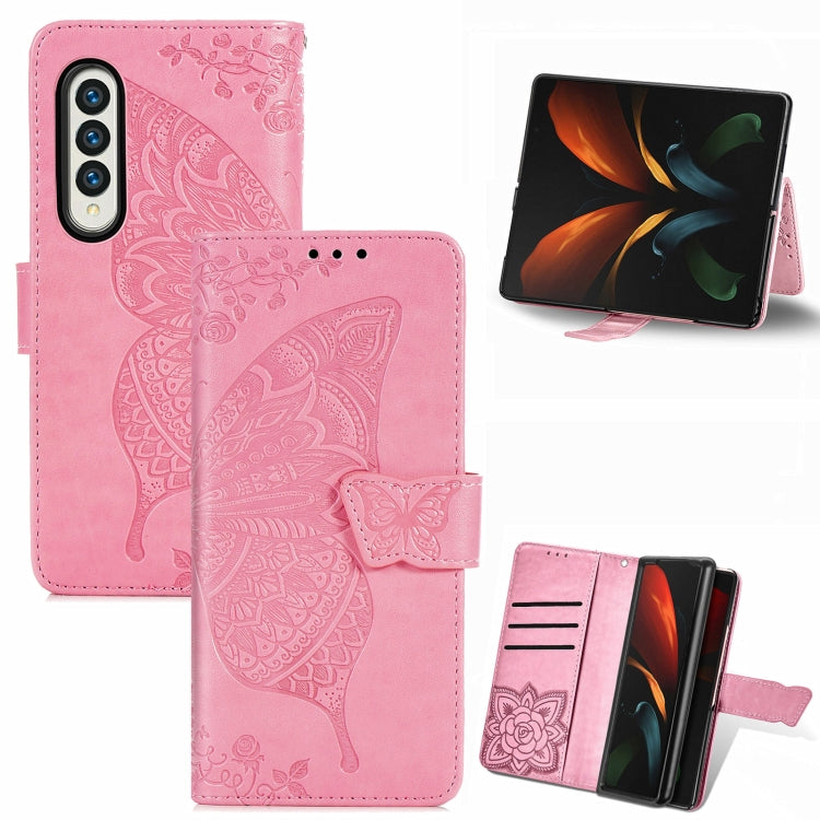 For Samsung Galaxy Z Fold3 Butterfly Love Flowers Embossed Horizontal Flip Leather Case with Holder & Card Slots & Wallet & Lanyard