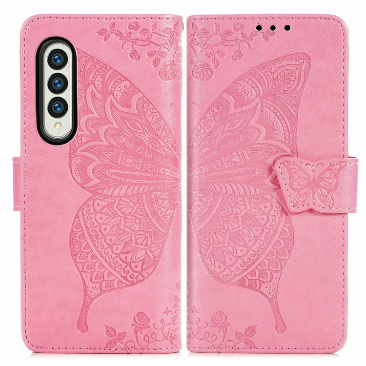 For Samsung Galaxy Z Fold3 Butterfly Love Flowers Embossed Horizontal Flip Leather Case with Holder & Card Slots & Wallet & Lanyard