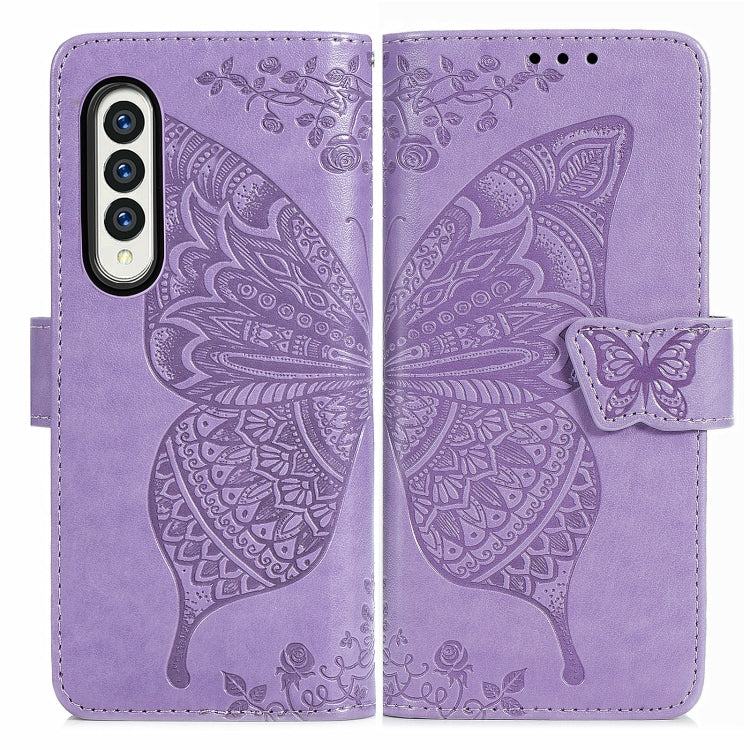 For Samsung Galaxy Z Fold3 Butterfly Love Flowers Embossed Horizontal Flip Leather Case with Holder & Card Slots & Wallet & Lanyard