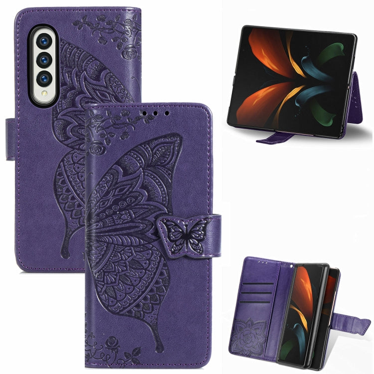 For Samsung Galaxy Z Fold3 Butterfly Love Flowers Embossed Horizontal Flip Leather Case with Holder & Card Slots & Wallet & Lanyard