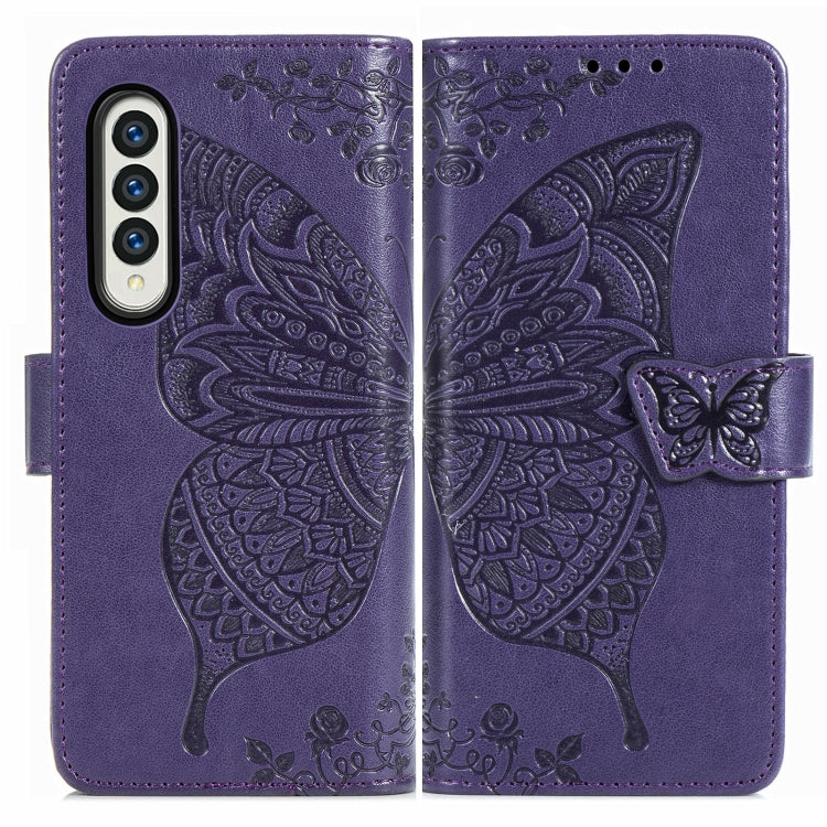 For Samsung Galaxy Z Fold3 Butterfly Love Flowers Embossed Horizontal Flip Leather Case with Holder & Card Slots & Wallet & Lanyard