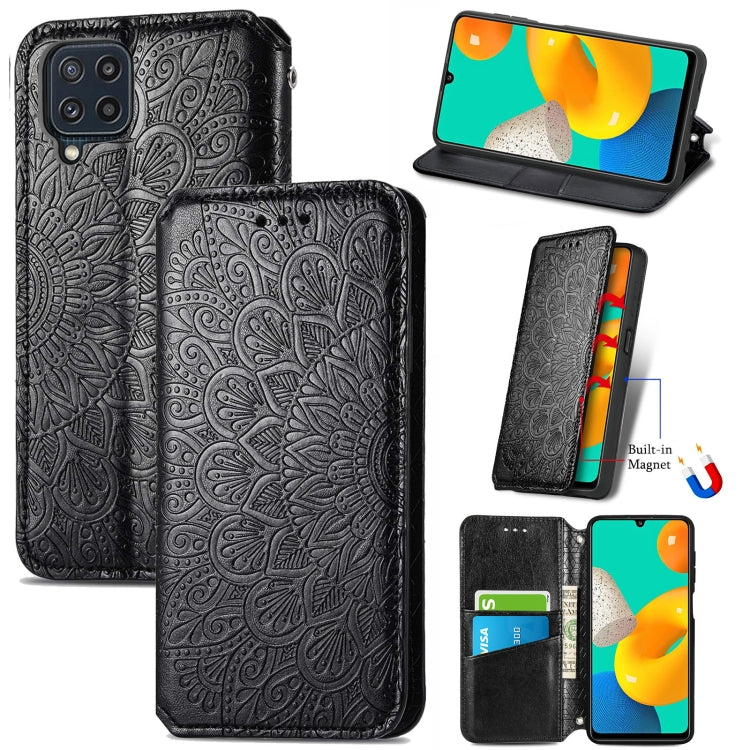 For Galaxy A22 4G Blooming Mandala Embossed Pattern Magnetic Horizontal Flip Leather Case with Holder & Card Slots & Wallet
