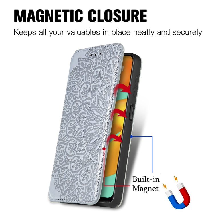 For Galaxy A22 4G Blooming Mandala Embossed Pattern Magnetic Horizontal Flip Leather Case with Holder & Card Slots & Wallet