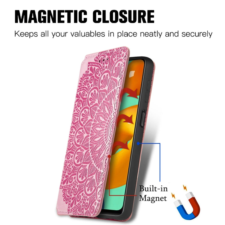 For Galaxy A22 4G Blooming Mandala Embossed Pattern Magnetic Horizontal Flip Leather Case with Holder & Card Slots & Wallet