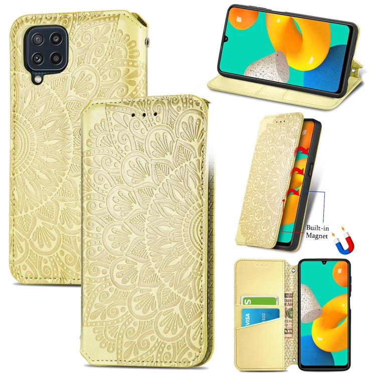 For Galaxy A22 4G Blooming Mandala Embossed Pattern Magnetic Horizontal Flip Leather Case with Holder & Card Slots & Wallet