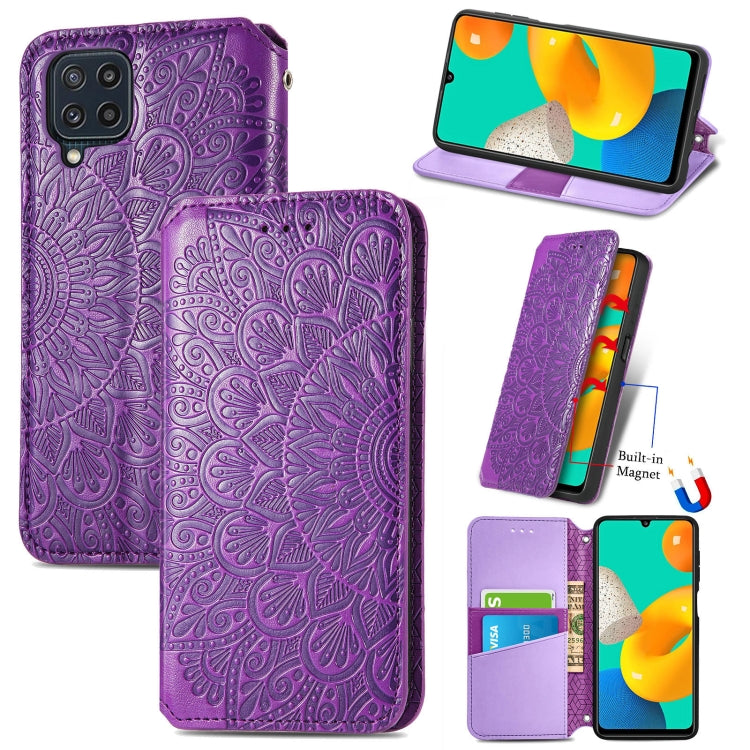 For Galaxy A22 4G Blooming Mandala Embossed Pattern Magnetic Horizontal Flip Leather Case with Holder & Card Slots & Wallet