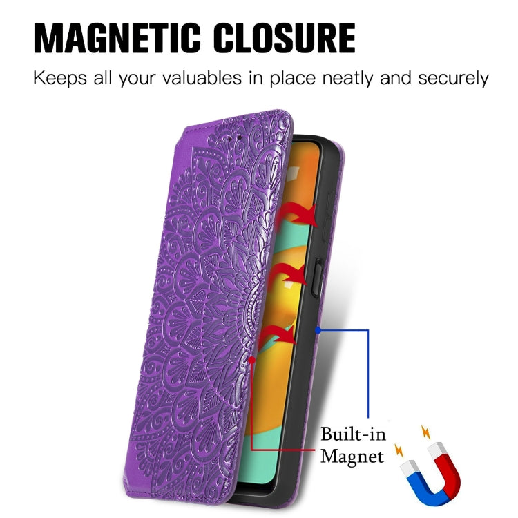 For Galaxy A22 4G Blooming Mandala Embossed Pattern Magnetic Horizontal Flip Leather Case with Holder & Card Slots & Wallet