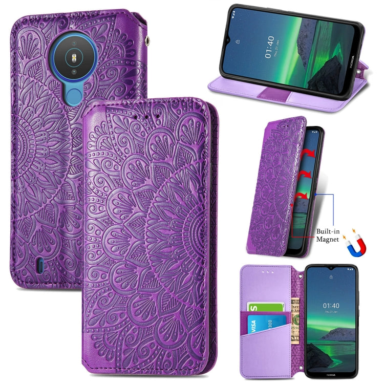 For Nokia 1.4 Blooming Mandala Embossed Pattern Magnetic Horizontal Flip Leather Case with Holder & Card Slots & Wallet
