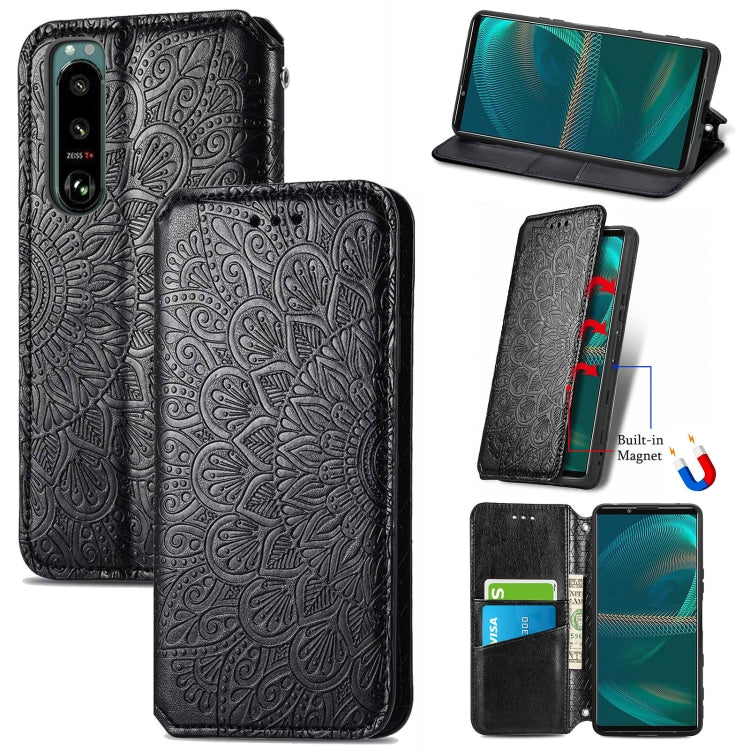 For Sony Xperia 5 III Blooming Mandala Embossed Pattern Magnetic Horizontal Flip Leather Case with Holder & Card Slots & Wallet