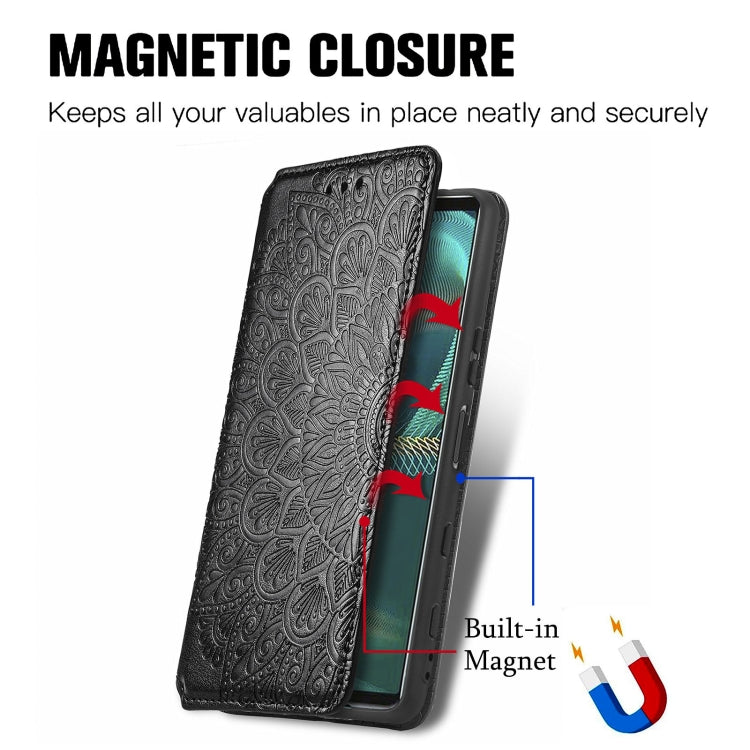 For Sony Xperia 5 III Blooming Mandala Embossed Pattern Magnetic Horizontal Flip Leather Case with Holder & Card Slots & Wallet