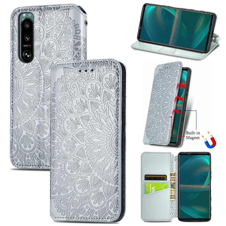 For Sony Xperia 5 III Blooming Mandala Embossed Pattern Magnetic Horizontal Flip Leather Case with Holder & Card Slots & Wallet