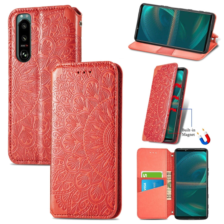 For Sony Xperia 5 III Blooming Mandala Embossed Pattern Magnetic Horizontal Flip Leather Case with Holder & Card Slots & Wallet
