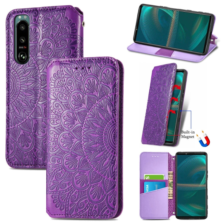 For Sony Xperia 5 III Blooming Mandala Embossed Pattern Magnetic Horizontal Flip Leather Case with Holder & Card Slots & Wallet