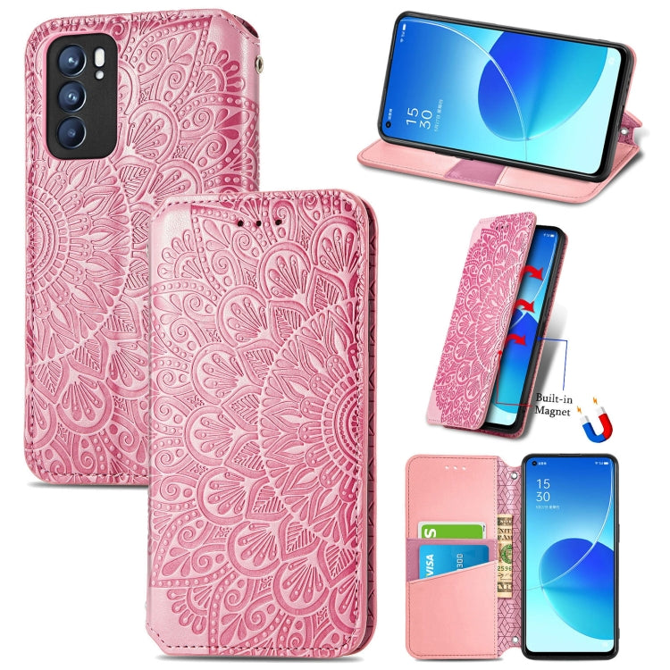 For OPPO Reno6 5G Blooming Mandala Embossed Pattern Magnetic Horizontal Flip Leather Case with Holder & Card Slots & Wallet