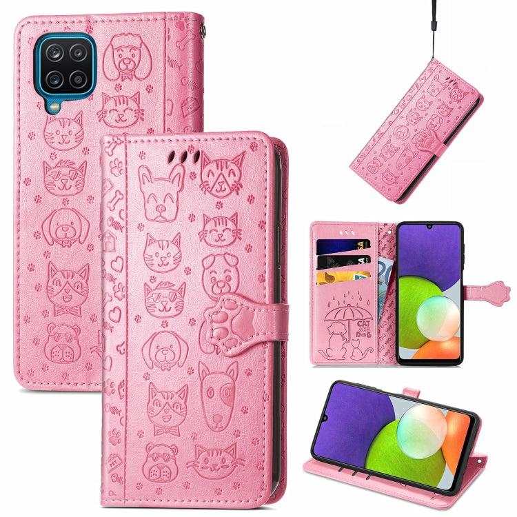 For Galaxy A22 4G Cute Cat and Dog Embossed Horizontal Flip Leather Case with Holder & Card Slots & Wallet & Lanyard