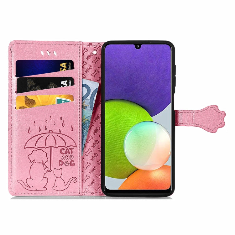 For Galaxy A22 4G Cute Cat and Dog Embossed Horizontal Flip Leather Case with Holder & Card Slots & Wallet & Lanyard