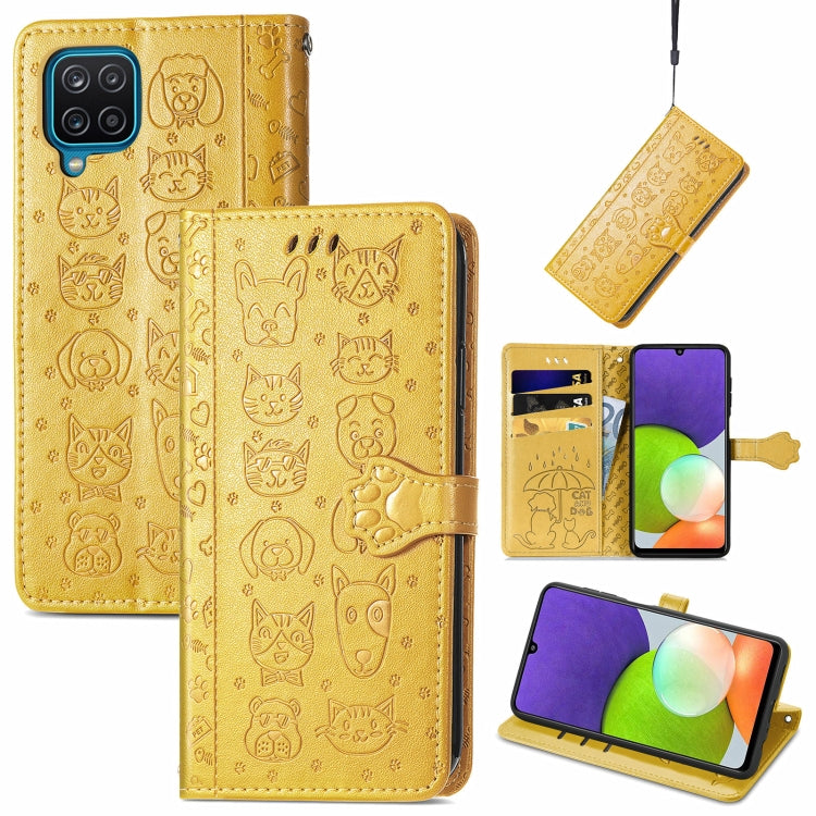 For Galaxy A22 4G Cute Cat and Dog Embossed Horizontal Flip Leather Case with Holder & Card Slots & Wallet & Lanyard