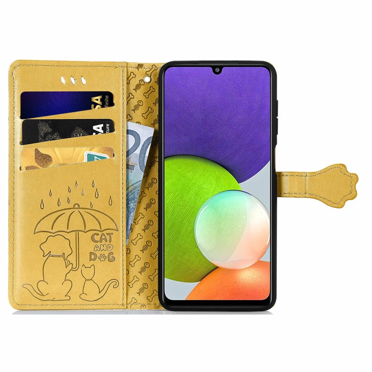 For Galaxy A22 4G Cute Cat and Dog Embossed Horizontal Flip Leather Case with Holder & Card Slots & Wallet & Lanyard