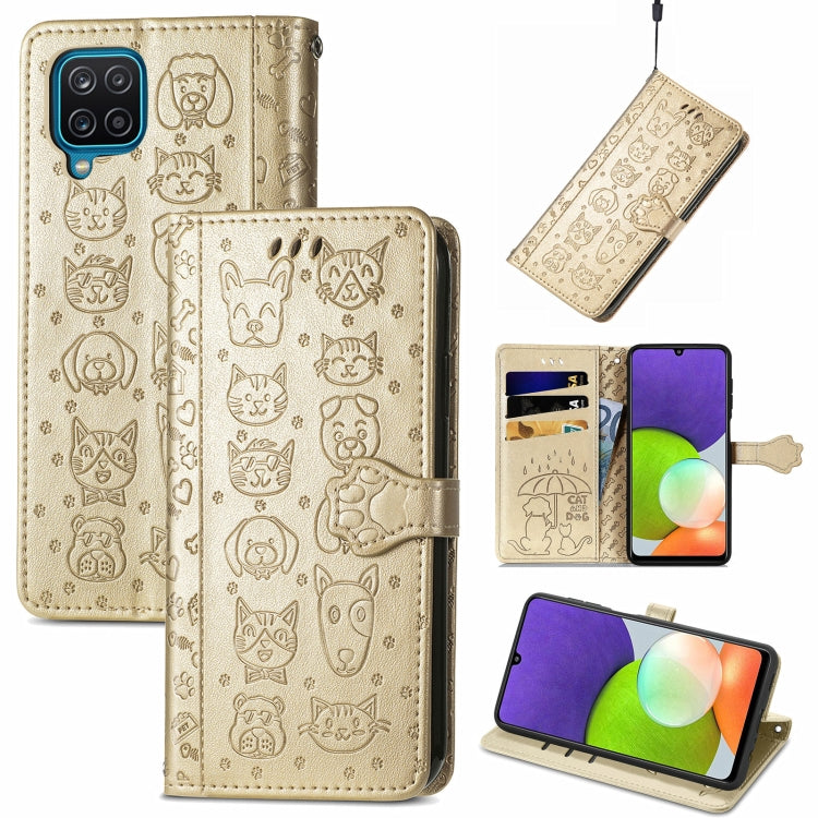 For Galaxy A22 4G Cute Cat and Dog Embossed Horizontal Flip Leather Case with Holder & Card Slots & Wallet & Lanyard